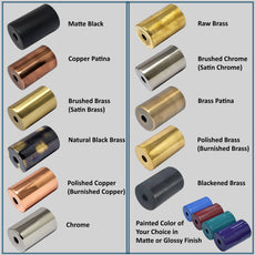 Brass and copper finish options for custom lighting, including black brass and patina swatches