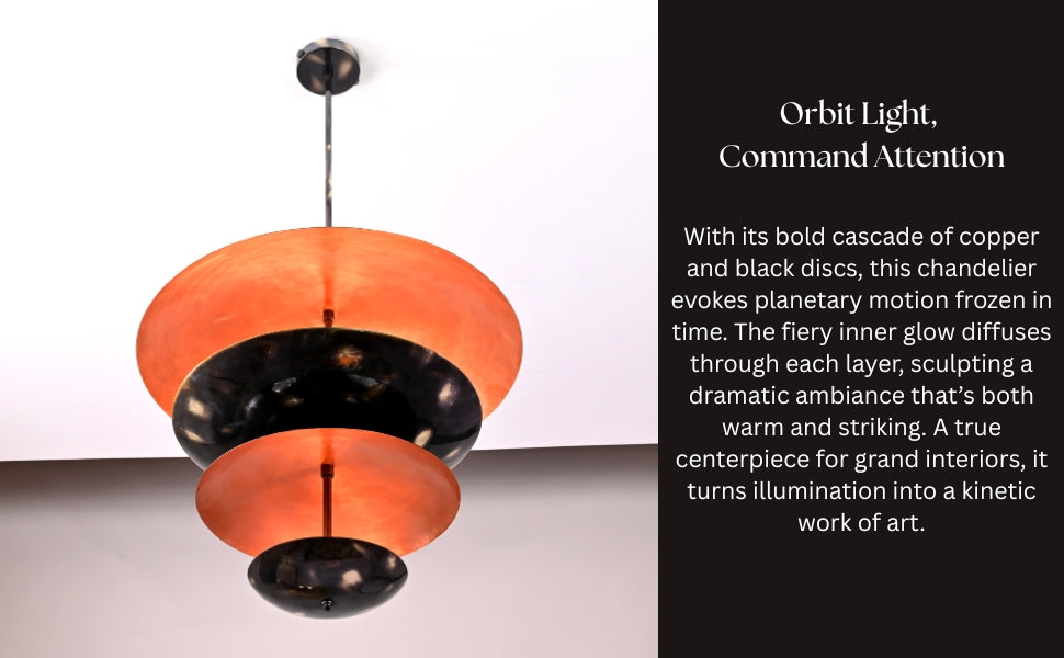 Statement chandelier with orbit-style disc design in copper patina and black brass