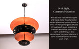Statement chandelier with orbit-style disc design in copper patina and black brass