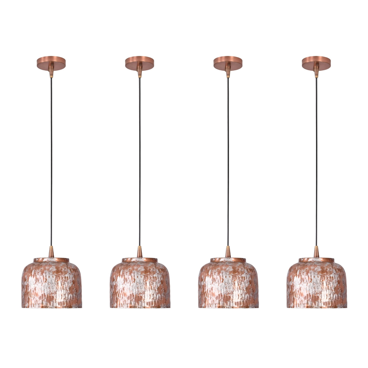 Four copper drum pendant lights installed in a row above a kitchen island for balanced illumination