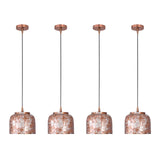 Four copper drum pendant lights installed in a row above a kitchen island for balanced illumination