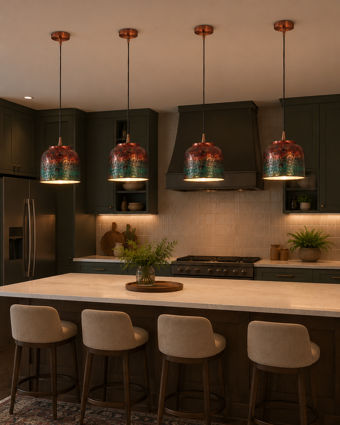 Four copper pendant lights with multicolor textured shades installed above a kitchen counter for warm task lighting