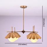 Four-light brass chandelier showing 31-inch width and 26-inch height with sculpted bowl shades.
