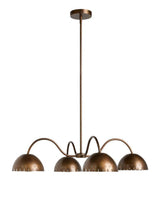 Front view of four light brass chandelier with dome shades and minimalist sculptural design