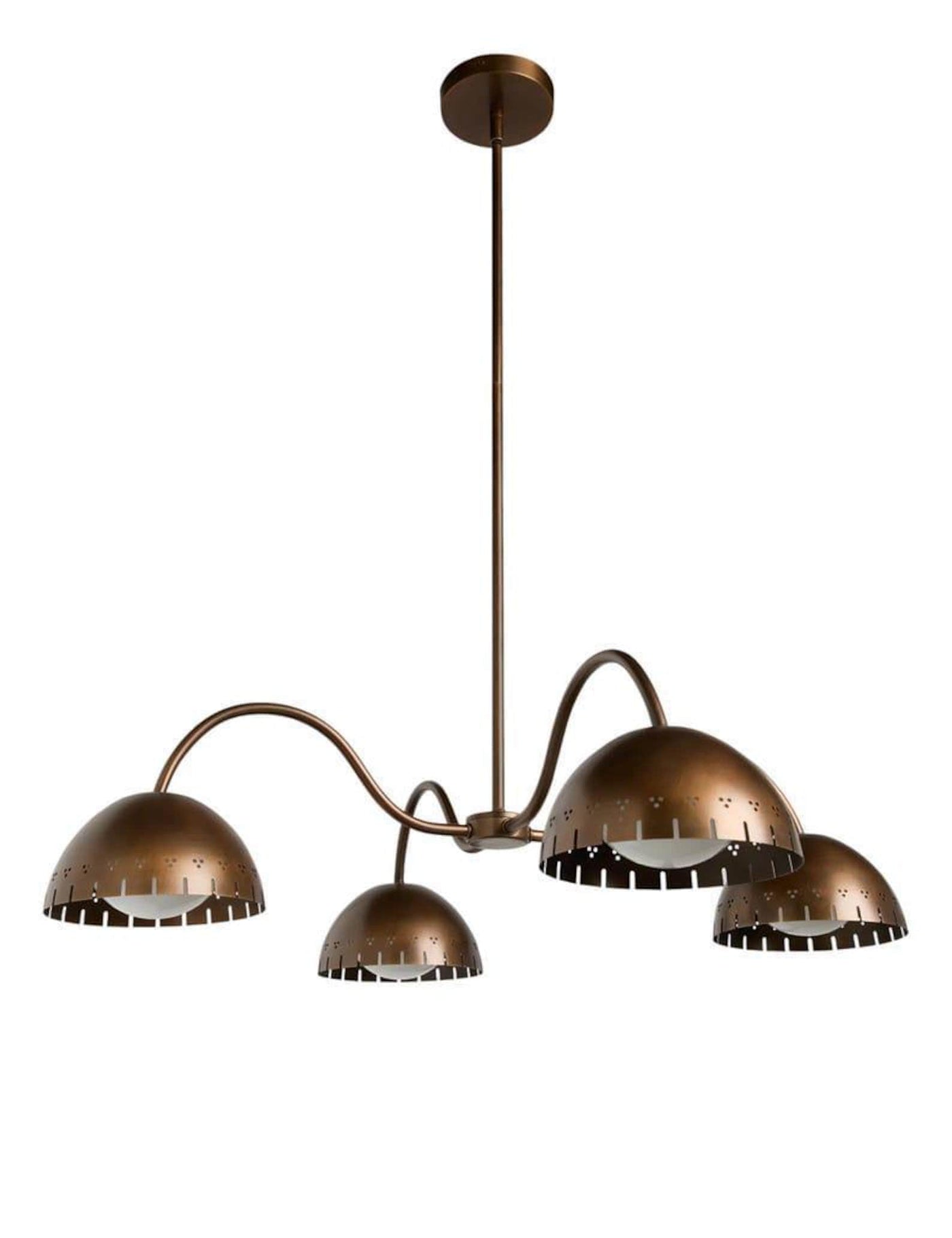 Four light brass dome chandelier with sculpted curved arms and warm ambient lighting by Brass Leaf Studio