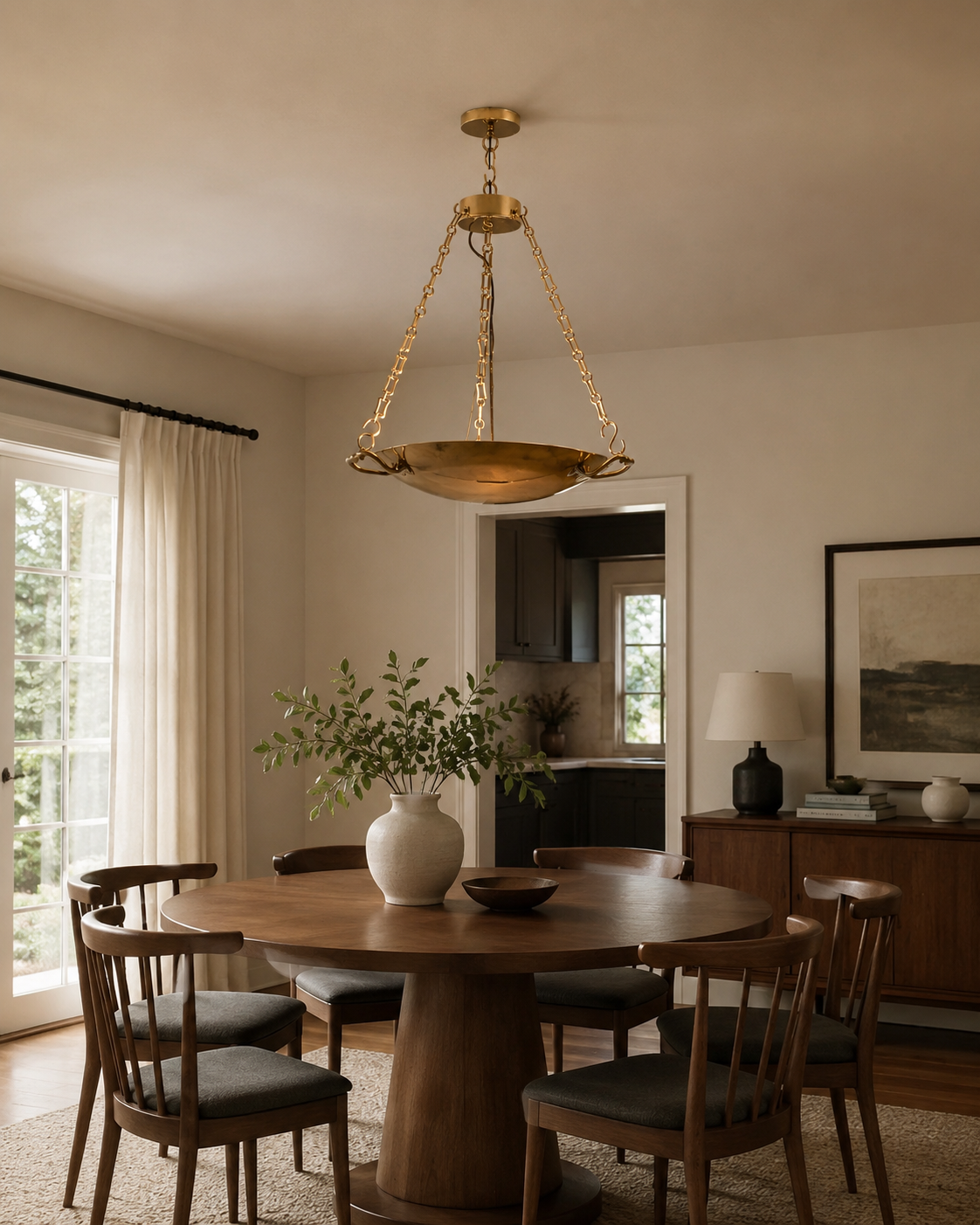 Foyer brass ceiling chandelier with shallow bowl form and warm reflected glow for hallway, staircase, and entrance lighting