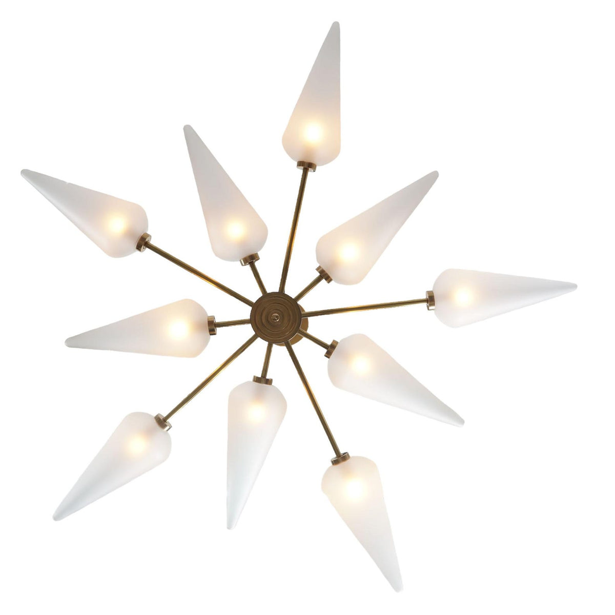 Top view of cone glass chandelier displaying radial brass structure and glowing frosted cone shades in geometric balance.