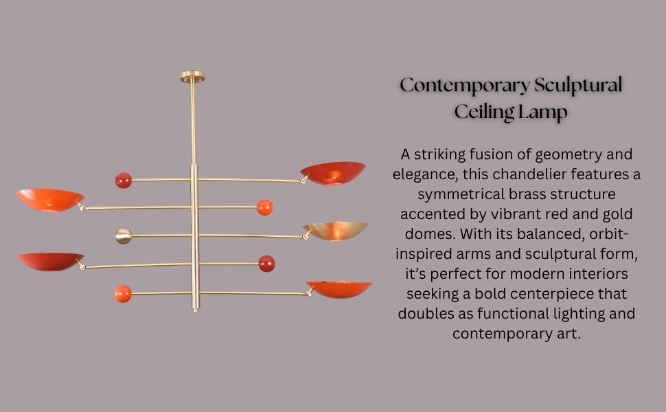 Geometric ceiling light with red and gold enamel shades for luxury interiors