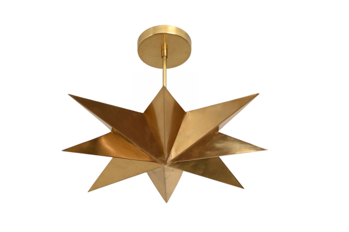 Geometric brass star ceiling light with angular layered points and contemporary sputnik inspired styling