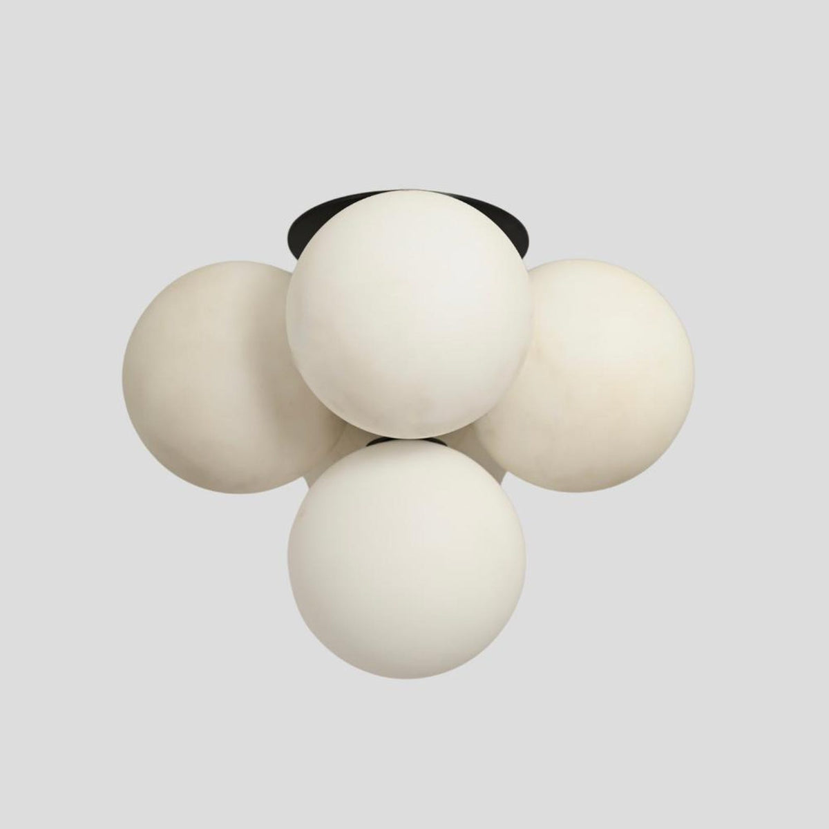 Bottom view of globe cluster chandelier – modern ceiling light with five frosted glass globes arranged in a sculptural cluster