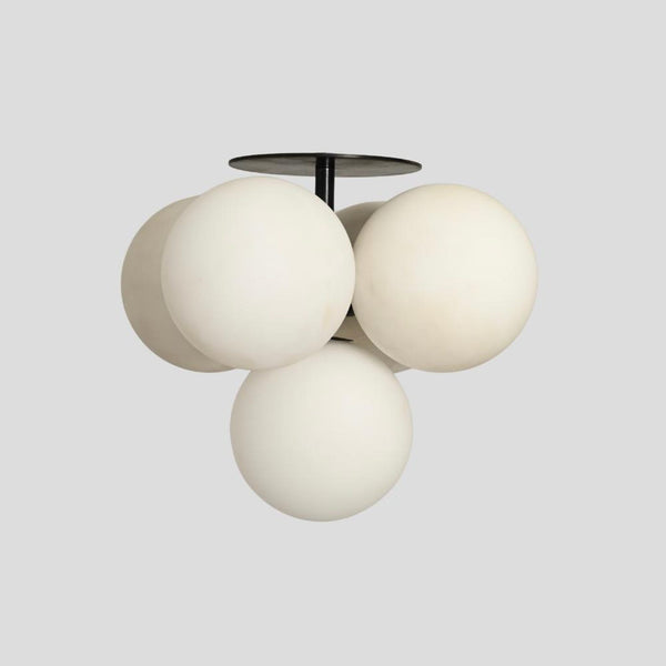 Modern globe cluster chandelier with five frosted glass spheres – handmade brass ceiling light in minimalist design