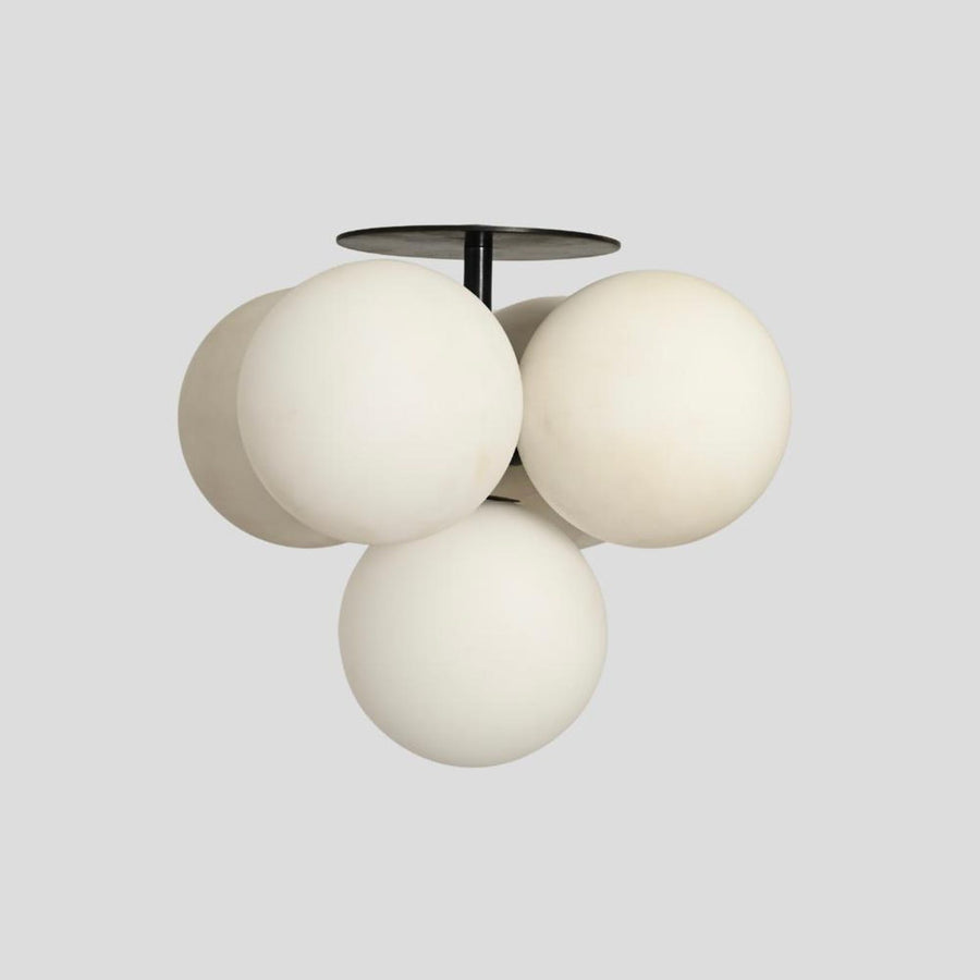 Modern globe cluster chandelier with five frosted glass spheres – handmade brass ceiling light in minimalist design