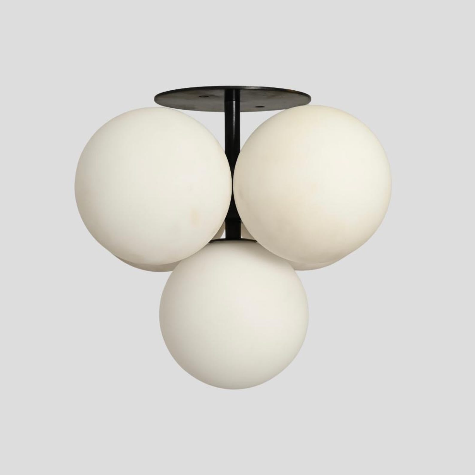 Front view of handmade globe chandelier – 5-light cluster ceiling fixture with frosted glass globes and brass mount