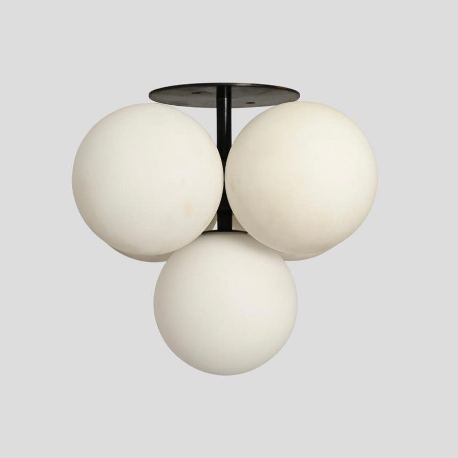 Modern globe cluster chandelier with five frosted glass spheres – handmade brass ceiling light in minimalist design