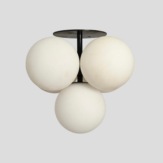 Front view of handmade globe chandelier – 5-light cluster ceiling fixture with frosted glass globes and brass mount