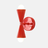 Glossy red solid brass wall light with compact profile and bold decorative cone shade design