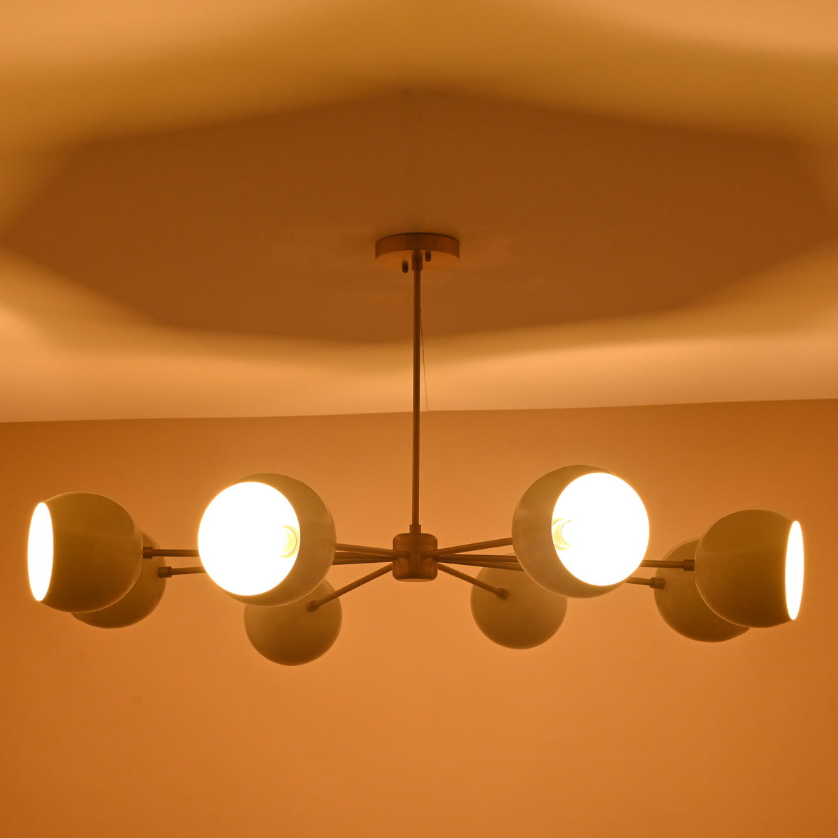 Elegant glowing view of 8-light brass chandelier with cream dome shades by Brass Leaf Studio