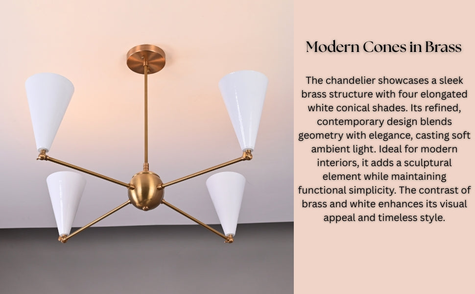 Four-arm brass chandelier with glowing white cone shades – mid-century modern ceiling light for contemporary homes