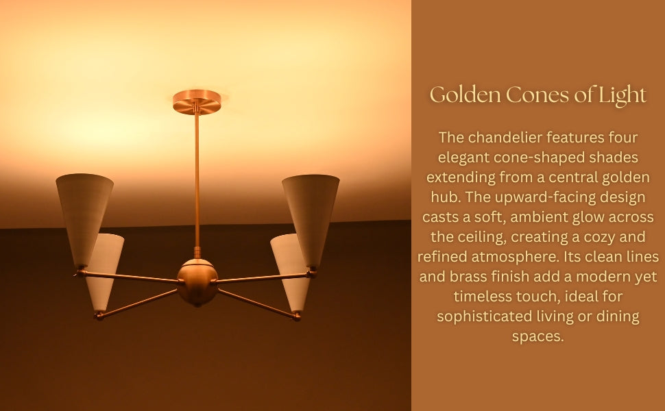 Brass chandelier with upward-facing white cone shades creating soft ceiling glow – perfect for dining or living rooms