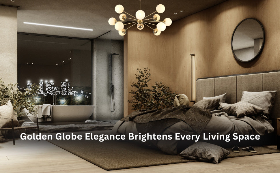 Brass globe chandelier in a modern bedroom with city view and warm wooden interiors