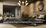 Brass globe chandelier in a modern bedroom with city view and warm wooden interiors