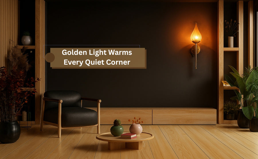 Polished brass wall sconce with teardrop glass shade mounted on white marble wall