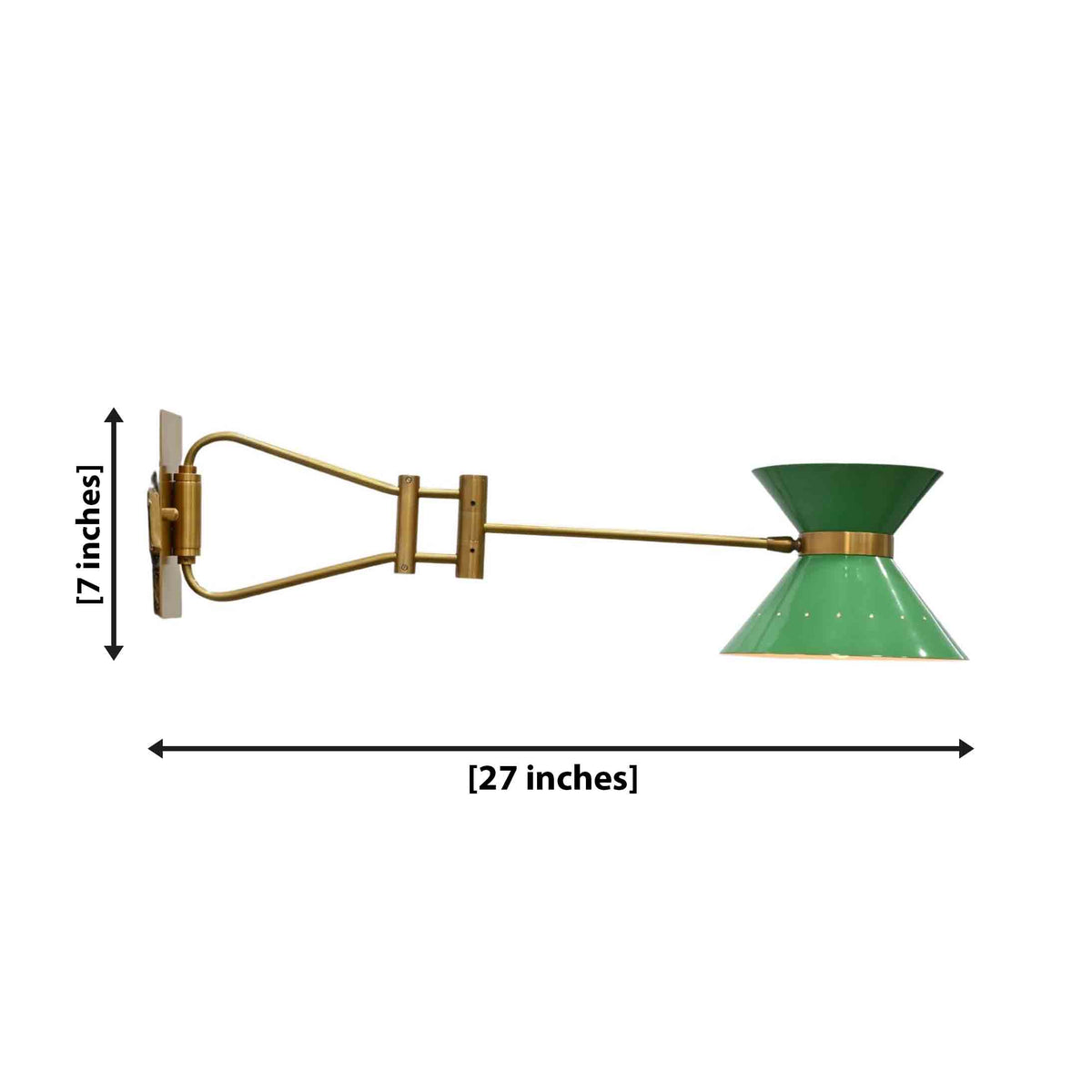 Green enamel brass swing arm wall sconce with movable arm and warm downward glow