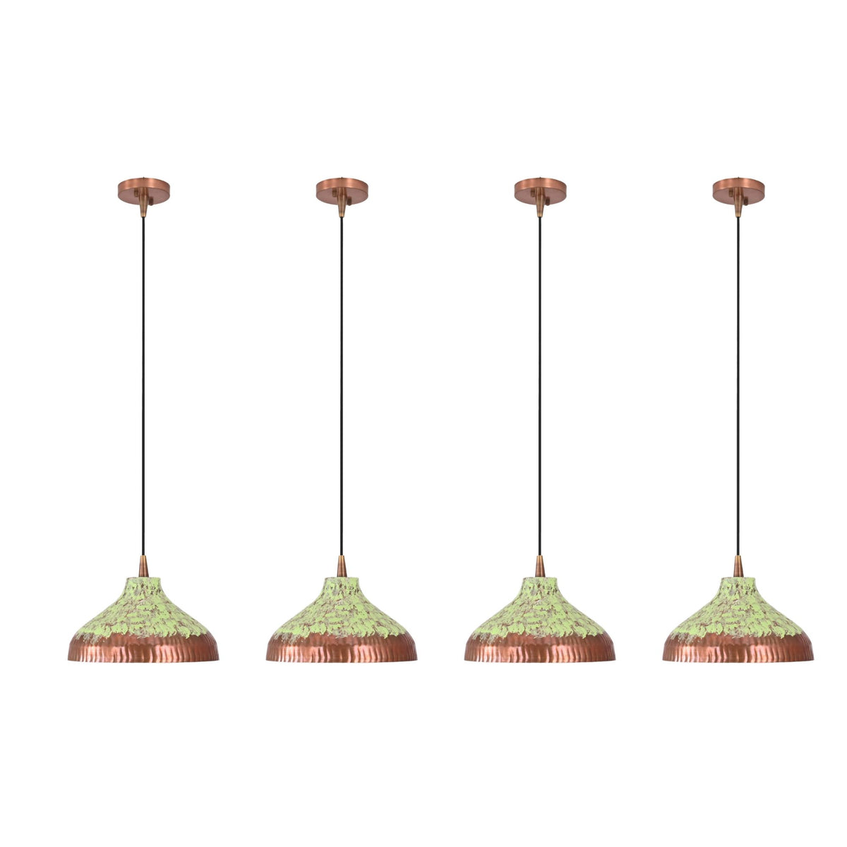Closeup of green patina copper dome pendant shade showing artistic finish, textured lower rim, and warm interior glow