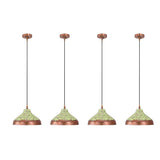 Closeup of green patina copper dome pendant shade showing artistic finish, textured lower rim, and warm interior glow
