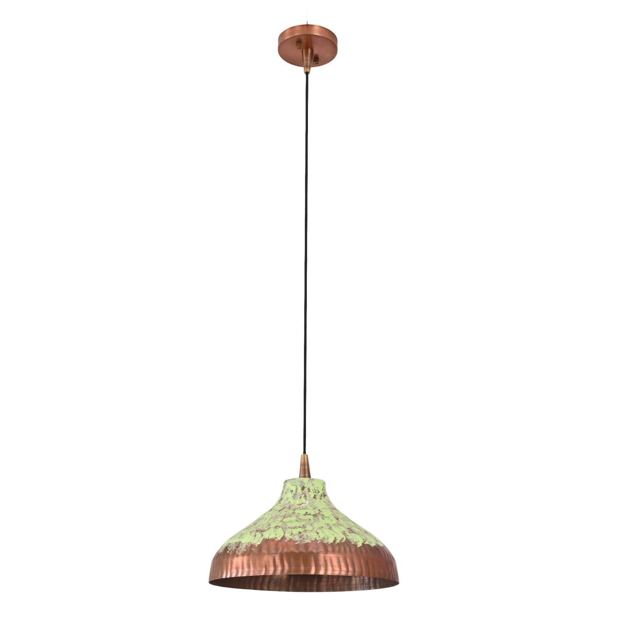Green patina copper pendant light styled above a dining table with warm ambient glow and cozy room atmosphere