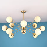 Handcrafted solid brass 12 light sputnik chandelier with opal globe shades and sculptural arms