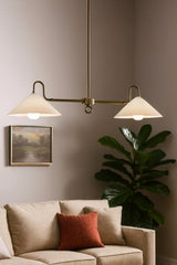 Handcrafted 2-light cone style brass ceiling chandelier with minimalist mid-century modern design
