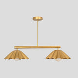 Handmade 2-light brass chandelier with unique ruffle-style shades and globe diffusers, ideal for living rooms and cafes.