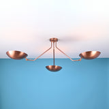 Handcrafted solid brass 3 light flush mount ceiling fixture with sculpted bowl shades and balanced linear form