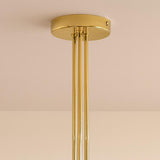Handcrafted brass ceiling canopy and rod detail of a mid-century modern bowl glass chandelier