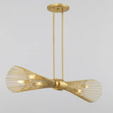 Handcrafted linear brass chandelier showing detailed wire structure and brushed brass finish