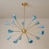 Handcrafted mid-century style brass Sputnik chandelier with precision-cut cone shades and radial arm design