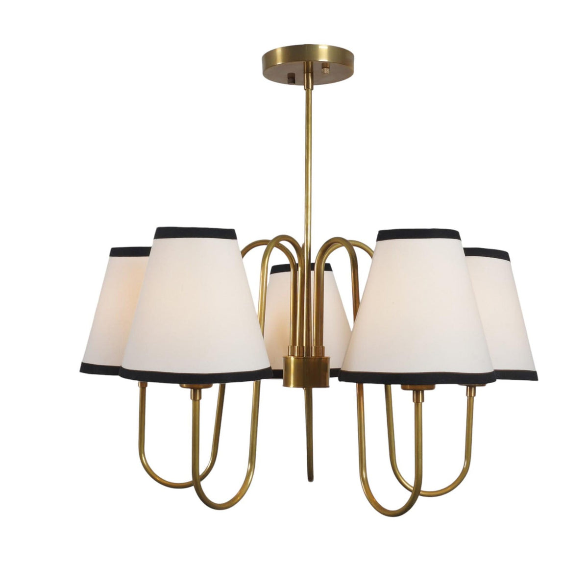 Handcrafted 5 Light Brass Chandelier with cream fabric shades, black trim, and brushed brass finish for refined interiors