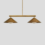 Handmade brass chandelier with two cone-shaped shades, a minimalist pendant light for living spaces and boutique interiors.