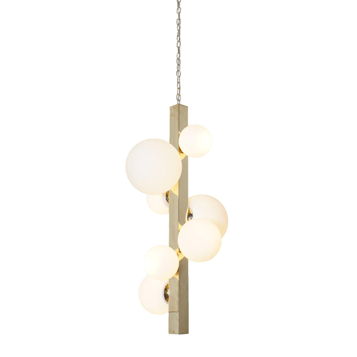 Elegant handmade brass pendant with clustered frosted glass orbs, perfect for dining or entryway lighting.