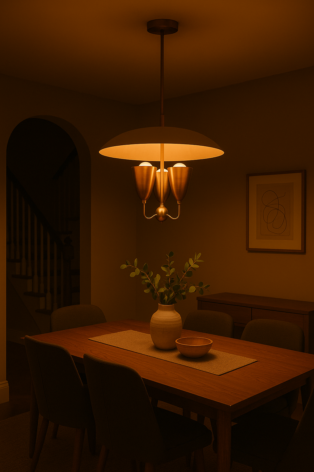 Handmade brass chandelier with dome canopy and cone-shaped lights in natural daylight setting