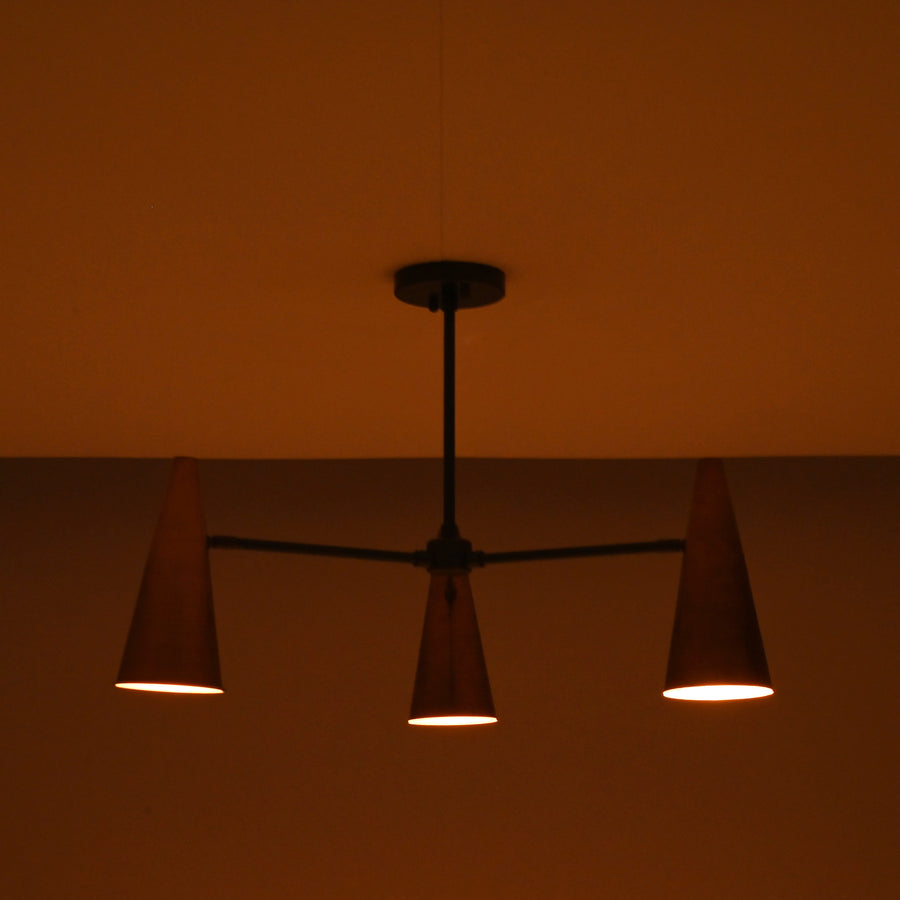 Modern industrial copper cone chandelier with three lights and solid brass construction