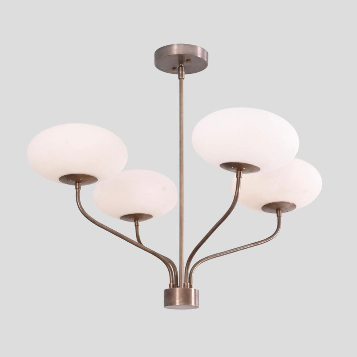 Handmade solid brass chandelier with four frosted bowl-shaped shades, modern ceiling lighting for home or hospitality.