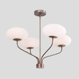 Handmade solid brass chandelier with four frosted bowl-shaped shades, modern ceiling lighting for home or hospitality.