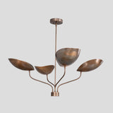 Solid brass chandelier with four sculpted bowl shades, customizable handmade ceiling light by Brass Leaf Studio.