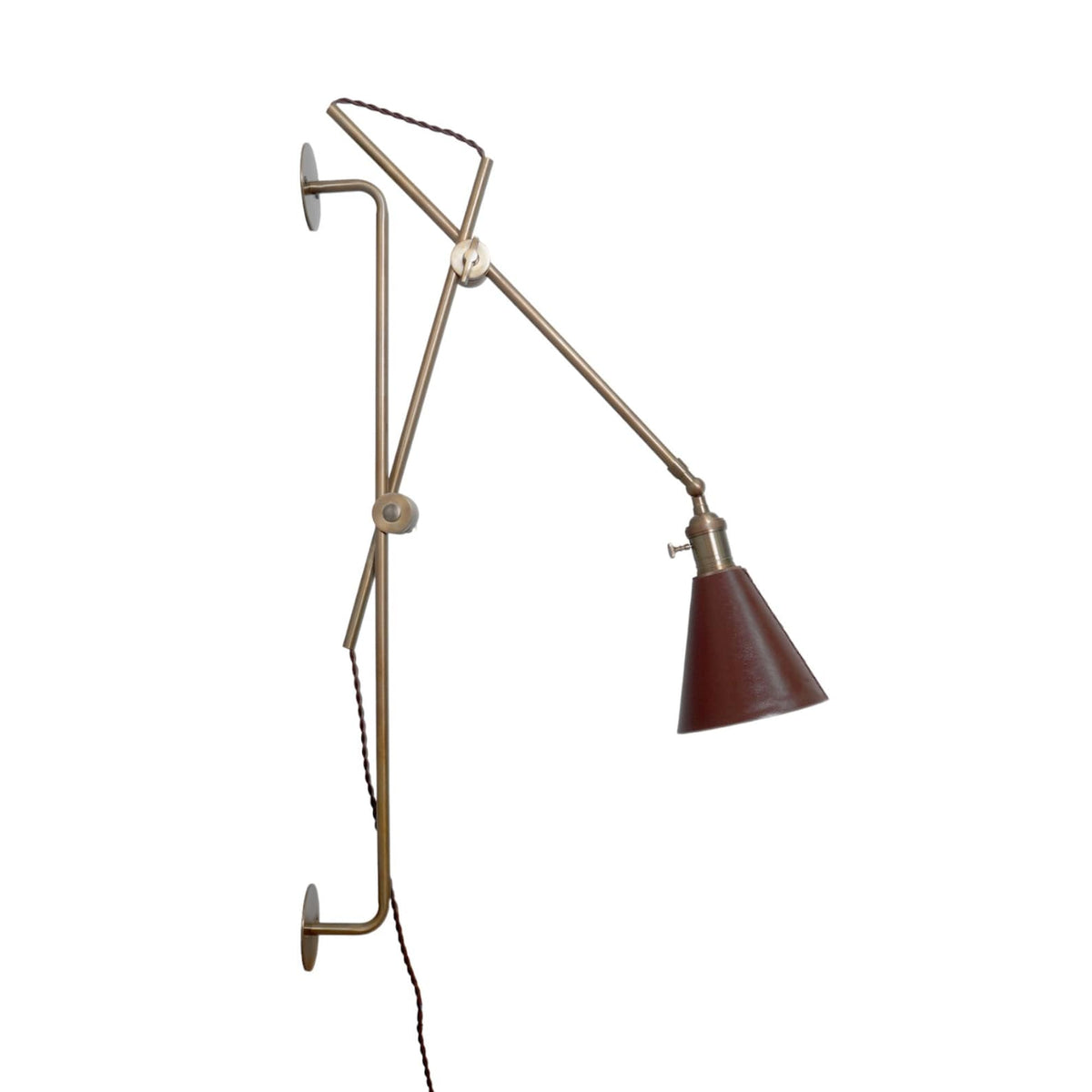 Handmade solid brass wall lamp with long adjustable arm and conical shade