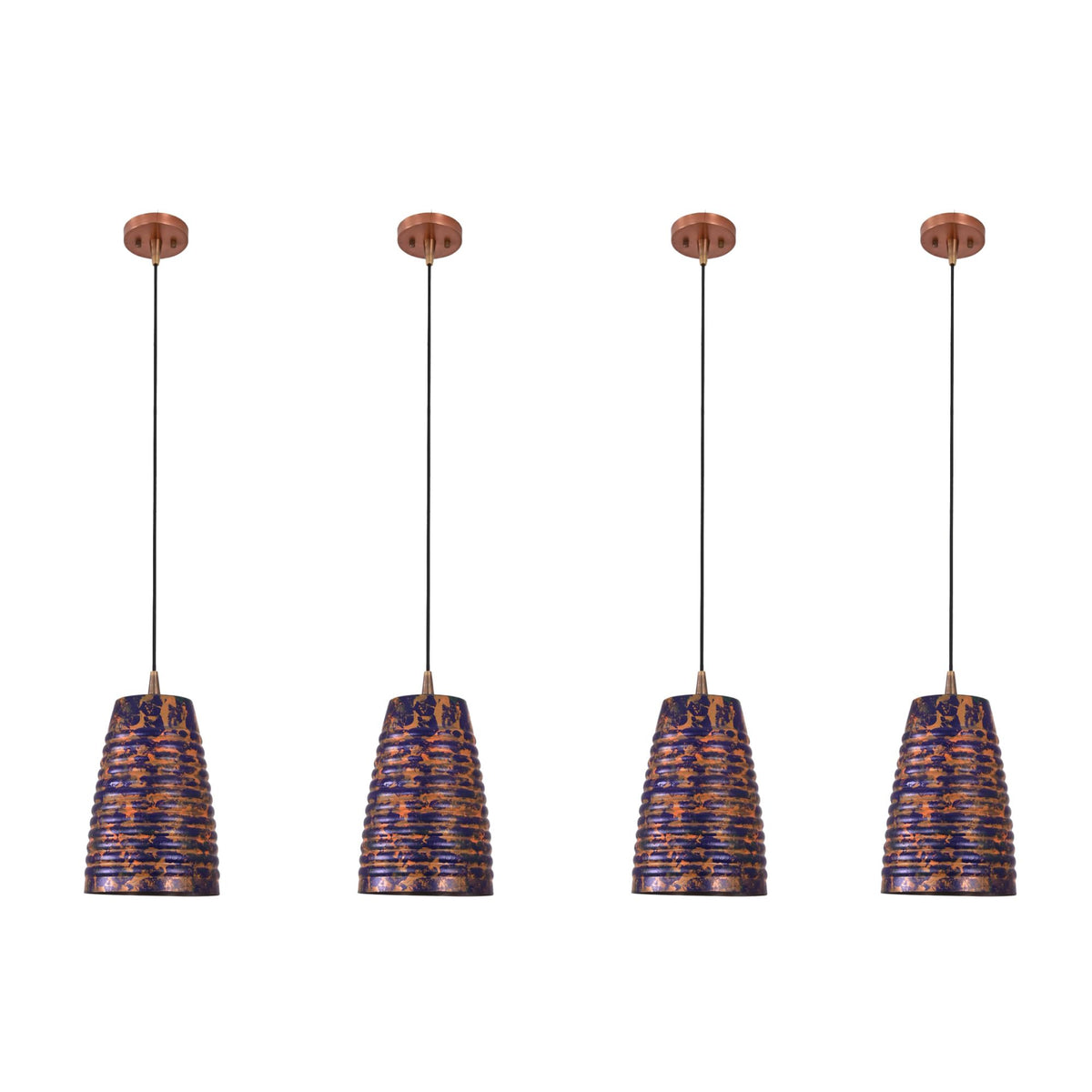 Hanging ribbed ceiling lamp creating a soft warm glow above a cozy seating and dining corner