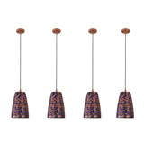 Hanging ribbed ceiling lamp creating a soft warm glow above a cozy seating and dining corner