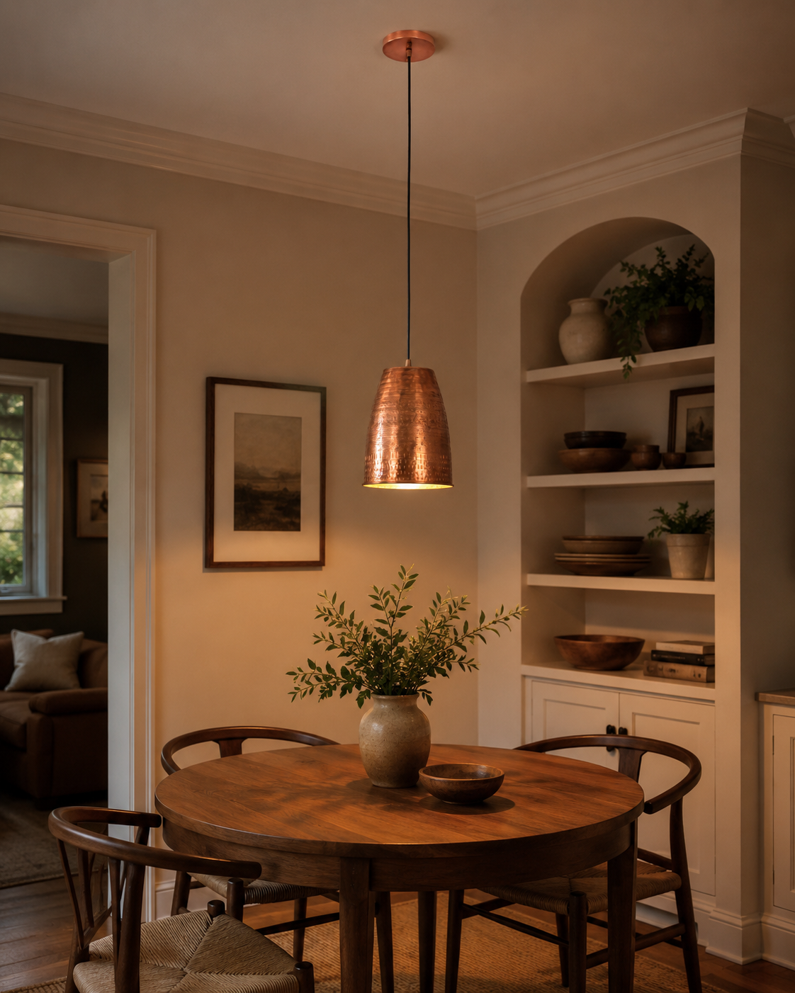 Hudson Hammered Copper Bell Pendant Light installed above a modern dining table in a warm contemporary dining room.