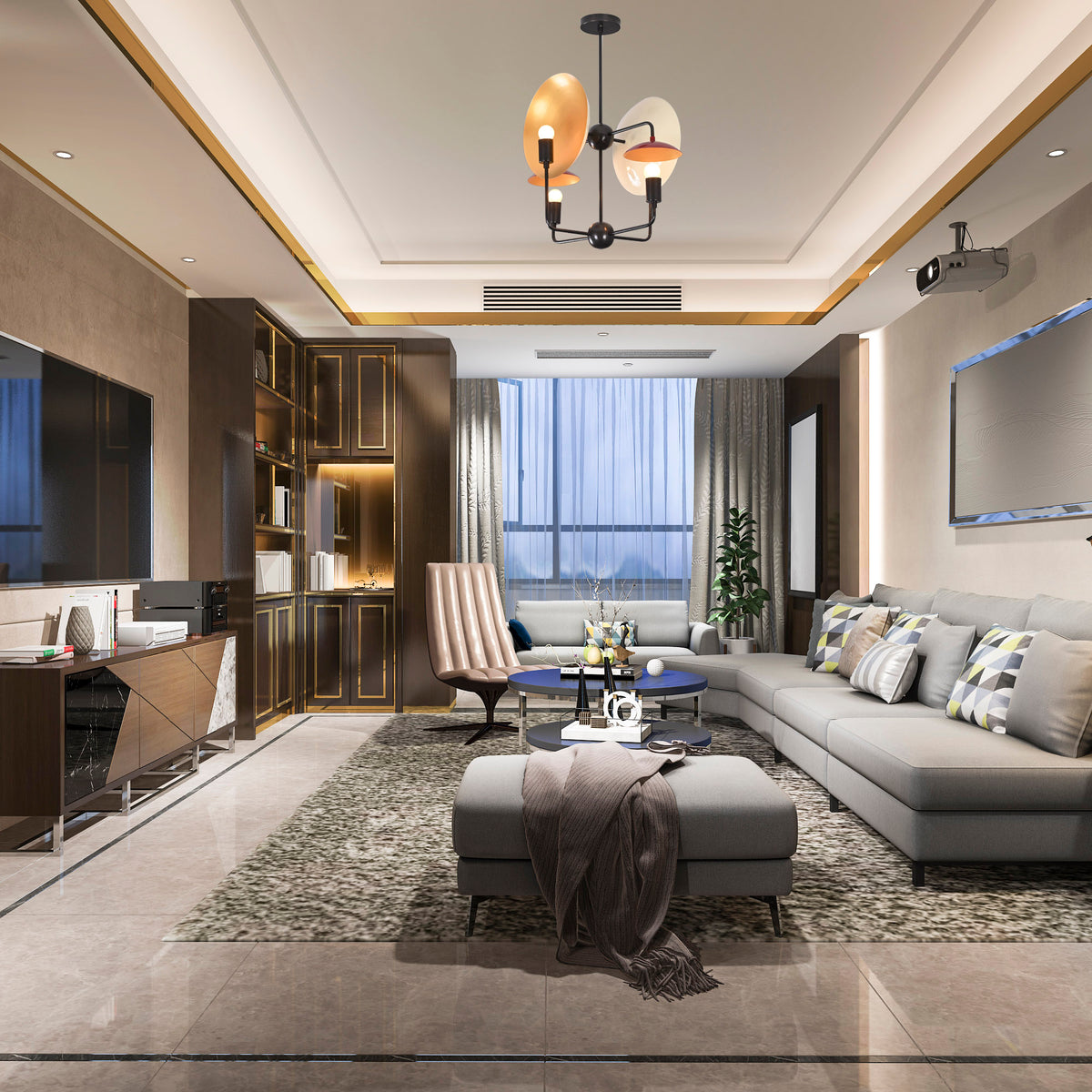 8-Light Full Brass Geometric Chandelier – Custom Modern Ceiling Pendant with Sculptural Bowl Shades |  - 32331